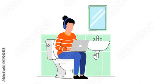 A person with headphones uses a laptop on a toilet, humorously illustrating remote work's flexible and sometimes unconventional nature in modern life.