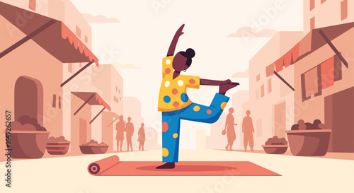 A person practices yoga on a mat in a street with buildings and distant figures, embodying wellness and urban activity.