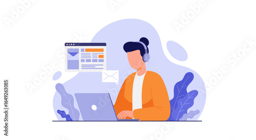A modern flat illustration features a person with headphones working on a laptop, symbolizing remote productivity, online learning, and digital communication.