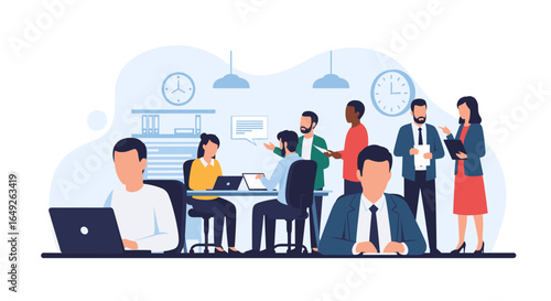 Diverse professionals collaborate and work efficiently in a modern office environment, fostering teamwork and productivity.