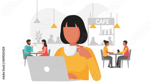A woman enjoys a coffee break while working on her laptop in a bustling modern cafe with other patrons.