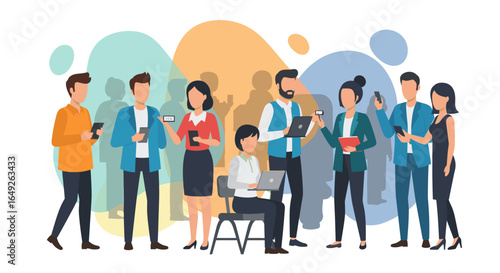Diverse group of professionals connected by technology and communication in a modern office setting.