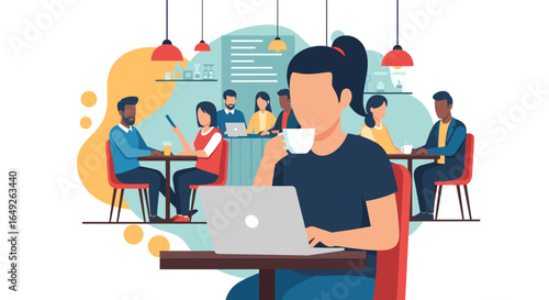 Diverse group of people enjoying coffee and working on laptops in a modern, casual cafe setting.
