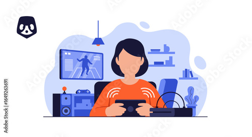 A person enjoys immersive virtual reality gaming at home, holding a controller with glowing wireless signals.