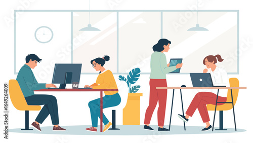 Diverse professionals collaborate diligently in a modern, bright office space, showcasing teamwork and productivity in a contemporary business environment.