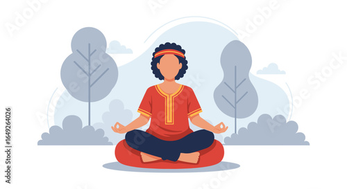 A serene individual with curly hair practices mindful meditation in a tranquil outdoor setting, finding inner peace and balance.
