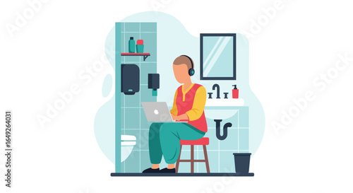 A dedicated individual works remotely on a laptop while sitting on a stool in a bathroom, highlighting the challenges of modern flexible work environments.