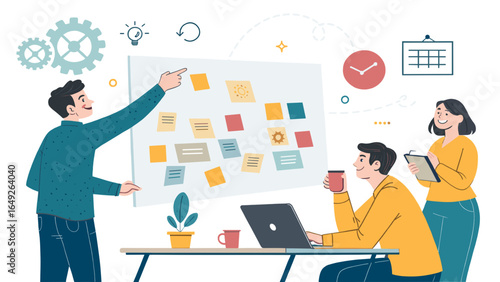 A diverse team of professionals actively collaborates on a business project, brainstorming innovative ideas and managing tasks efficiently in a modern office setting.