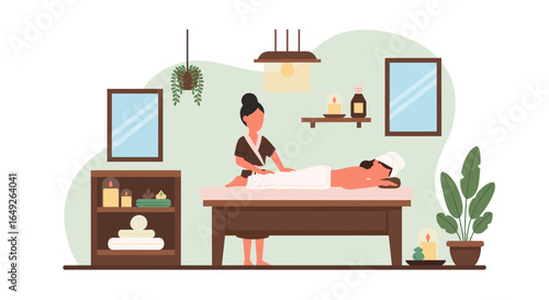 A serene spa environment where a skilled masseuse provides a relaxing back massage to a client, promoting wellness and tranquility.