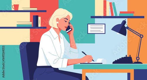 A diligent blonde professional woman efficiently manages her workday, multitasking by engaging in a phone conversation while taking important notes at her office desk.