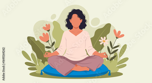 A serene person practices mindful meditation in a peaceful lotus pose, finding inner tranquility and well-being amidst a calming natural environment.