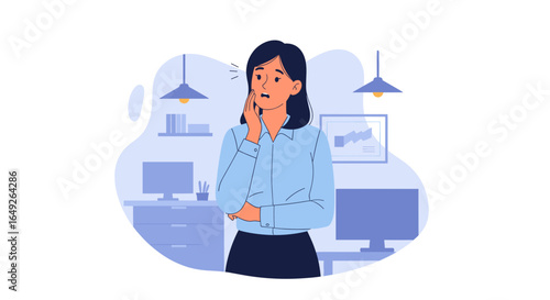 A thoughtful young businesswoman in a modern office setting appears to be contemplating a complex problem or making a difficult decision.