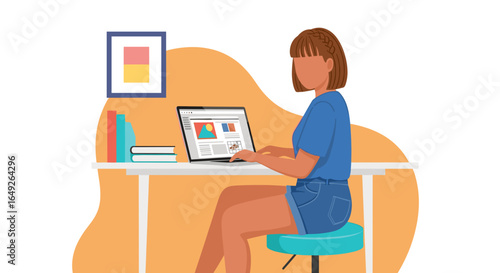A vibrant illustration depicts a focused woman working diligently on her laptop at a contemporary desk, symbolizing modern remote work and digital education.