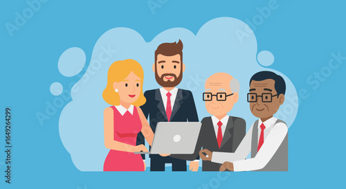A diverse group of business professionals from different generations and backgrounds collaborate around a laptop, symbolizing teamwork and modern corporate strategy.