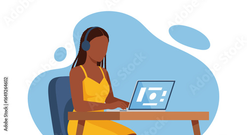 An illustration shows a young African American woman wearing headphones, deeply engaged with her laptop, representing modern remote work and digital education.
