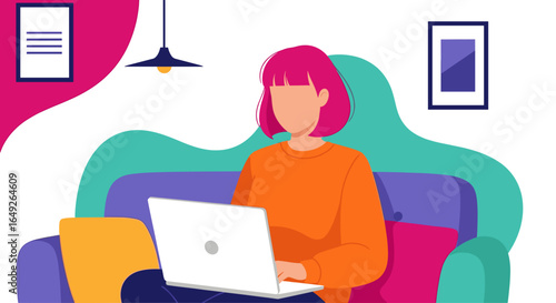 A vibrant flat illustration depicts a young woman with pink hair working on her laptop from a cozy sofa, highlighting the flexibility and comfort of modern remote work.
