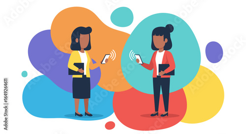 Two professional women engage in modern digital interaction, exchanging vital information and ideas through their mobile devices against a vibrant, abstract background.
