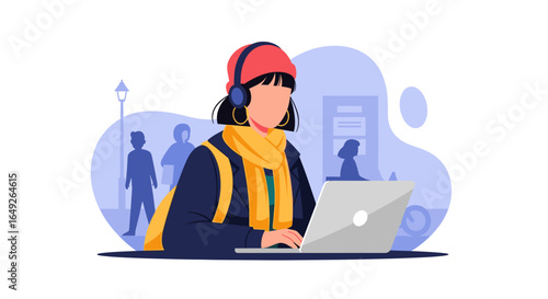 A stylish young woman in a beanie and scarf works on her laptop outdoors, embodying modern remote work and digital connectivity in an urban setting.
