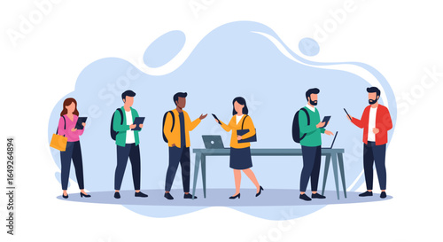 A diverse group of young students and professionals engage in modern learning and networking activities within a dynamic, collaborative environment.