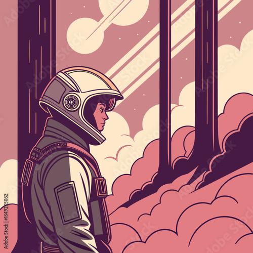 Illustration of an astronaut amidst a forest scene. The image uses muted pinks, purples, and grays.

