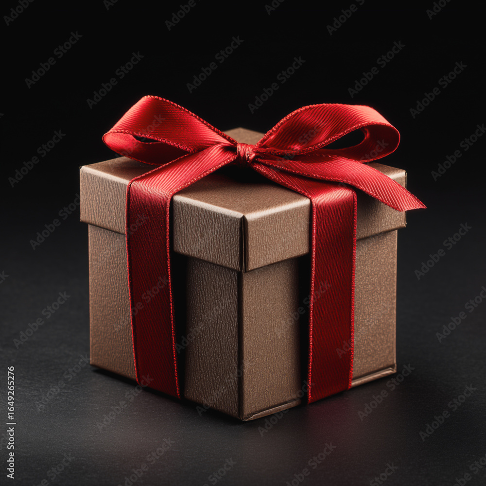 Obraz premium Luxury brown gift box with red satin ribbon bow against dark background 