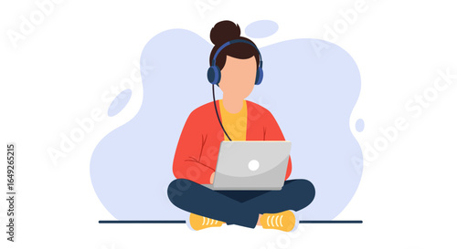 A focused individual sits comfortably on the floor, deeply engaged with their laptop and headphones, embodying modern remote work or online education.