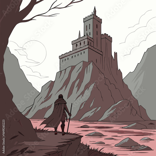 An adventurer, seen from the rear, walks towards a foreboding castle atop a jagged cliff. The illustration is monochrome, in shades of grey and pink.


