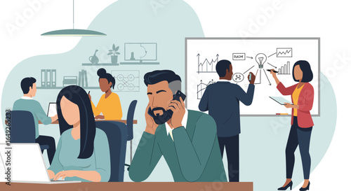 Diverse professionals actively collaborate in a modern open-plan office, brainstorming innovative ideas on a whiteboard and engaging in productive individual work.