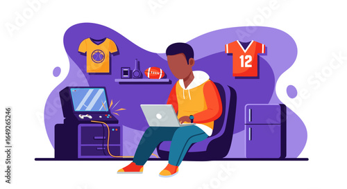 Modern flat illustration depicting a young man diligently working or gaming on his laptop within a cozy, creatively decorated room.
