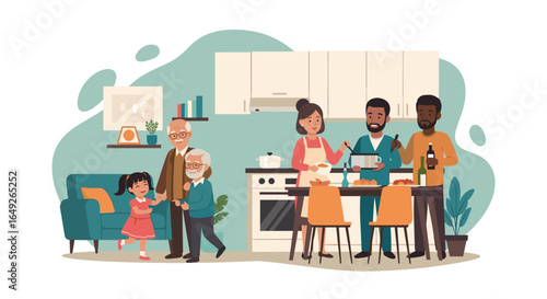 A joyful multi-generational family gathers in their cozy home, sharing happy moments and preparing for a delightful meal together.