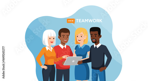 Diverse business professionals collaborate on a digital tablet, sharing ideas and fostering unity, effectively symbolizing successful teamwork and modern cooperation.