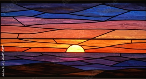 Fototapeta Naklejka Na Ścianę i Meble -  Colorful stained glass artwork depicting a sunset over ocean scenery