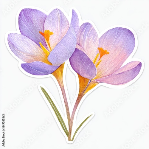 Delicate lavender crocuses.  Two pastel purple crocus flowers, painted in a watercolor style, with light orange stamens.  Gentle spring blossoms