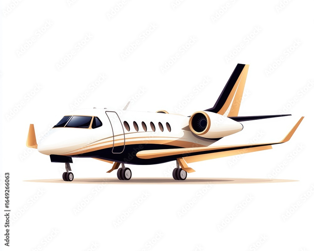 Fototapeta premium Sleek private jet illustration, white with gold and black accents, isolated on a white backdrop, positioned at a slight angle. Smooth, gradient shading gives it a modern, luxurious feel