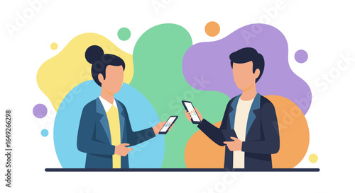 Two individuals engage in a digital exchange, holding smartphones against a vibrant, abstract background, symbolizing modern communication and networking.