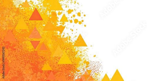 Abstract graphic design featuring overlapping triangles in shades of orange and yellow, with textured paint splatters and halftone dots, creating a dynamic, vibrant backdrop