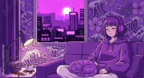 Relaxing Retro Japanese Lo-fi Anime Girl in Purple Neon Color Tone Wallpaper, Music Background