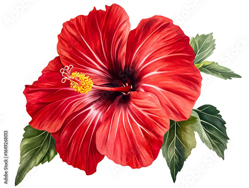 Red hibiscus flower watercolor painting isolated on transparent background