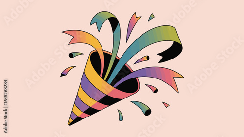 Exploding party popper bursts with vibrant, colorful streamers and confetti, celebrating joyous moments and festive occasions with dynamic flair and exciting energy