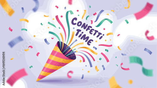 Exploding party popper showering vibrant confetti and streamers, announcing a joyful celebration, perfect for festive events and happy moments.