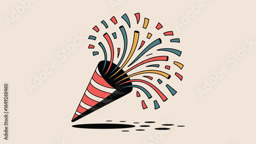 Explosive confetti popper bursts with vibrant streamers and confetti, celebrating joyous moments and festive occasions with a playful, dynamic energy