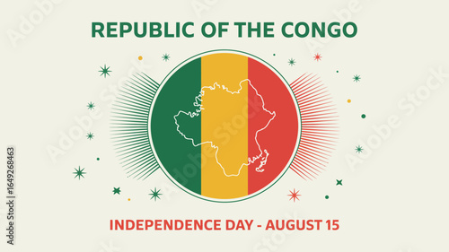 Celebrate Republic of the Congo Independence Day August 15 with vibrant national emblem and festive starbursts creating a patriotic and celebratory visual