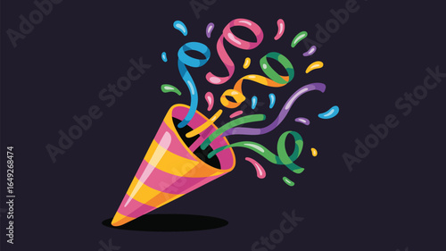 Bright party popper erupts with vibrant confetti and streamers, creating a dynamic celebration explosion perfect for festive occasions and joyous events.