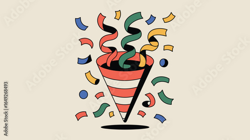 Celebrate joyfully with a vibrant party popper exploding colorful confetti and streamers, perfect for festive occasions and dynamic event promotions
