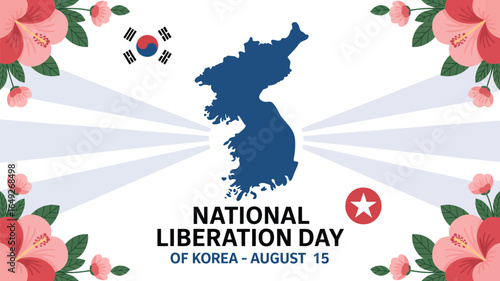 Celebrate National Liberation Day of Korea with vibrant hibiscus flowers, the unified Korean peninsula map, and national flags, marking August 15th with patriotic pride and remembrance.
