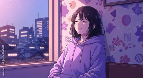 Relaxing Retro Japanese Lo-fi Anime Girl in Purple Neon Color Tone Wallpaper, Music Background