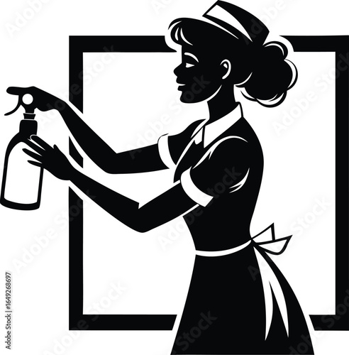 Housekeeper in an apron carrying a bucket and a serving tray, ready to work.
