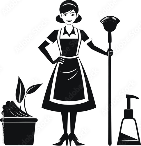 Housekeeper in an apron carrying a bucket and a serving tray, ready to work.