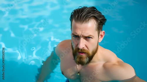 A man with a beard and wet hair is standing in a pool with clear blue water.