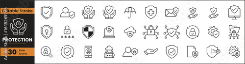 Protection Web Icon Set in Line Style. Collection of Security Linear Icons, Including defense, safe, safety and security, alarm, encryption, cybersecurity, locked, shield, guard, lock. Editable Stroke